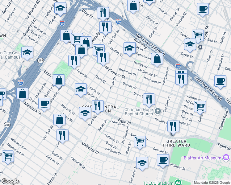 map of restaurants, bars, coffee shops, grocery stores, and more near 2814 Brailsfort Street in Houston