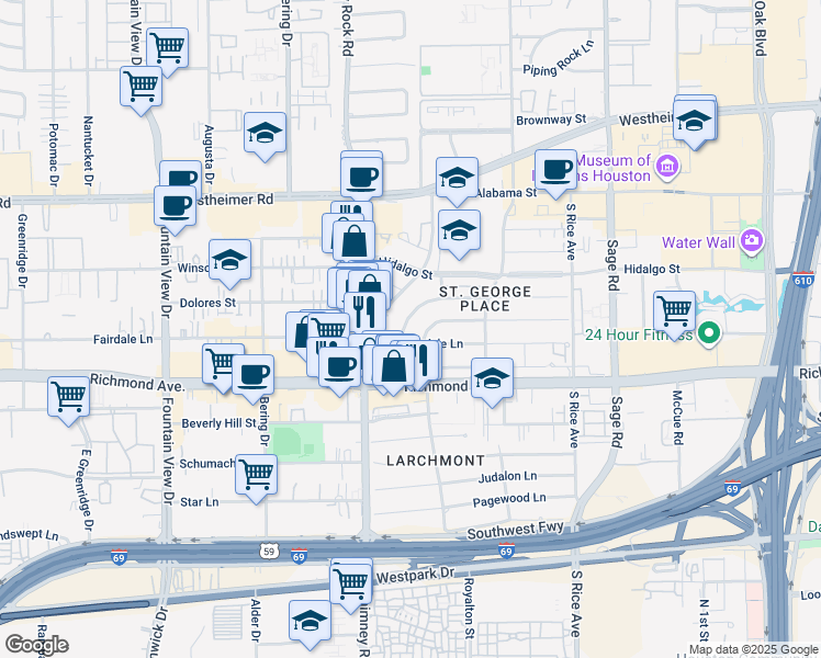 map of restaurants, bars, coffee shops, grocery stores, and more near 5513 Fairdale Lane in Houston