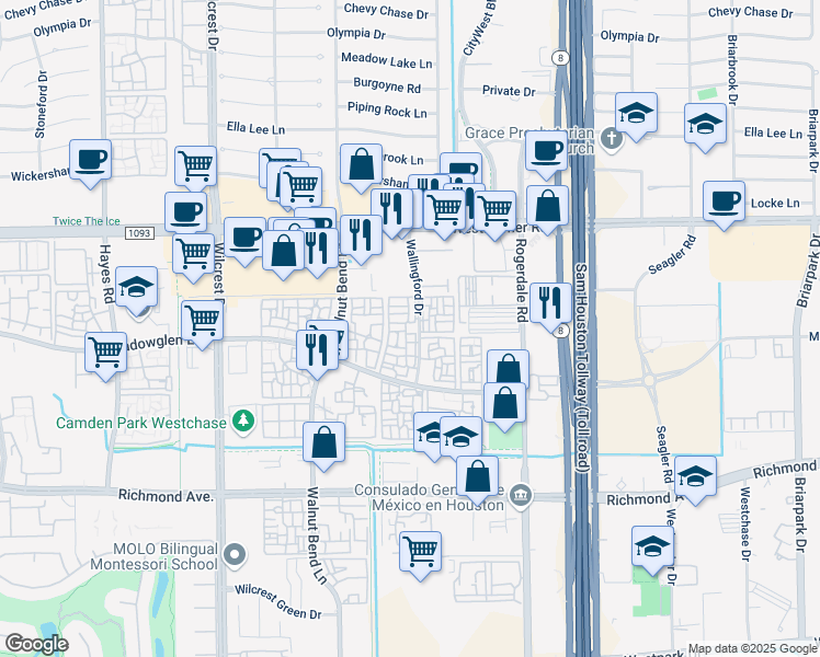 map of restaurants, bars, coffee shops, grocery stores, and more near 2751 Wallingford Drive in Houston