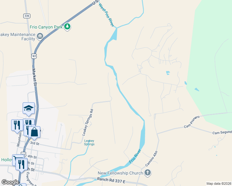 map of restaurants, bars, coffee shops, grocery stores, and more near 58 Weston Road in Leakey
