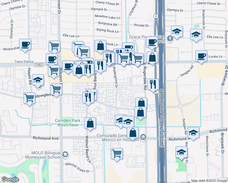 map of restaurants, bars, coffee shops, grocery stores, and more near 2751 Wallingford Drive in Houston