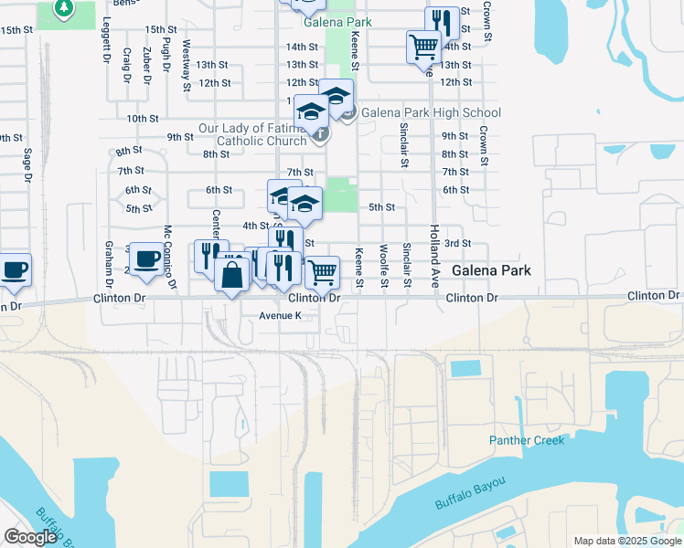 map of restaurants, bars, coffee shops, grocery stores, and more near 106 Keene Street in Galena Park