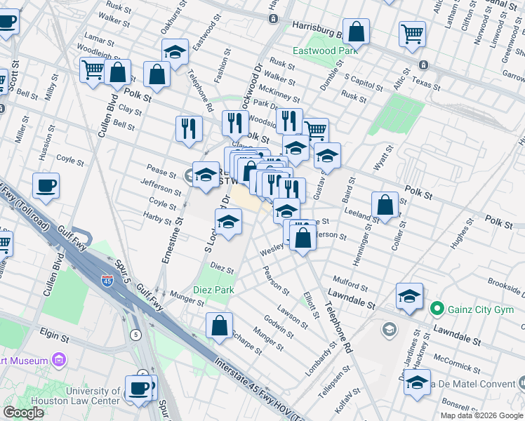 map of restaurants, bars, coffee shops, grocery stores, and more near 1617 Marlin Street in Houston