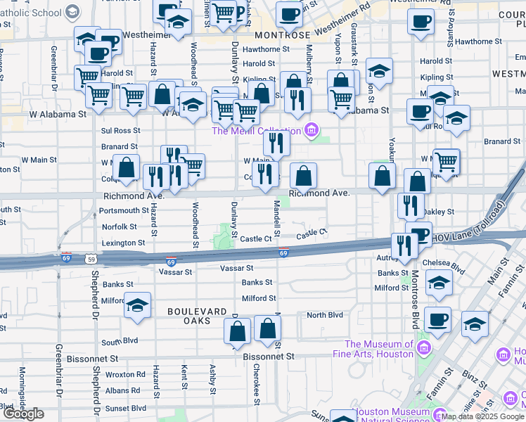 map of restaurants, bars, coffee shops, grocery stores, and more near 1610 Norfolk Street in Houston