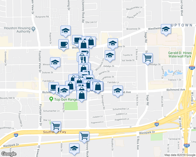 map of restaurants, bars, coffee shops, grocery stores, and more near 5513 Fairdale Lane in Houston