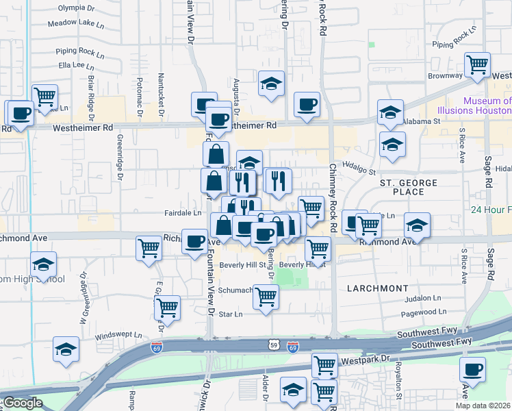 map of restaurants, bars, coffee shops, grocery stores, and more near 5812 Fairdale Lane in Houston