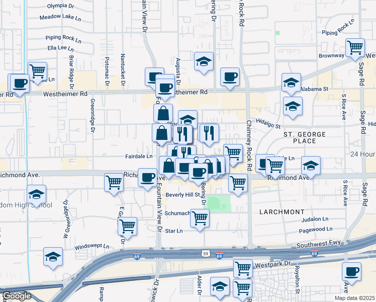 map of restaurants, bars, coffee shops, grocery stores, and more near 5812 Fairdale Lane in Houston