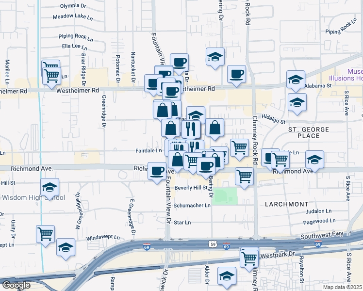 map of restaurants, bars, coffee shops, grocery stores, and more near 5905 Fairdale Lane in Houston
