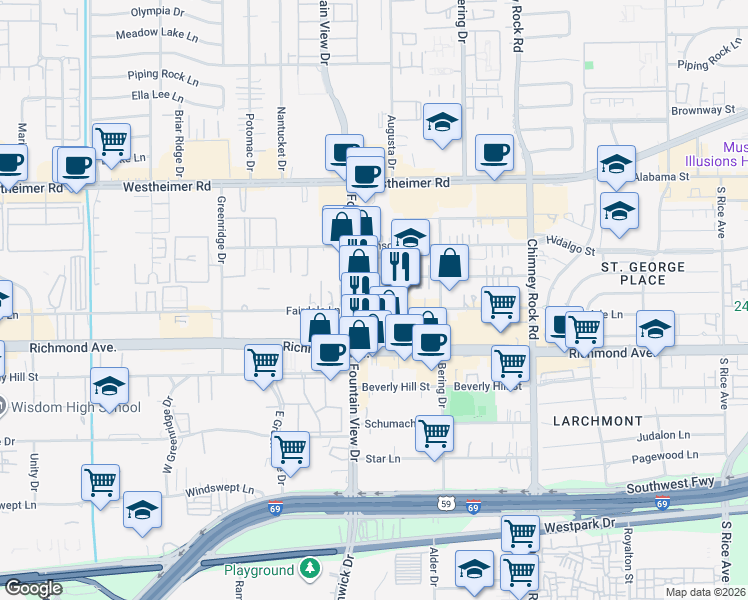 map of restaurants, bars, coffee shops, grocery stores, and more near 5930 Fairdale Lane in Houston