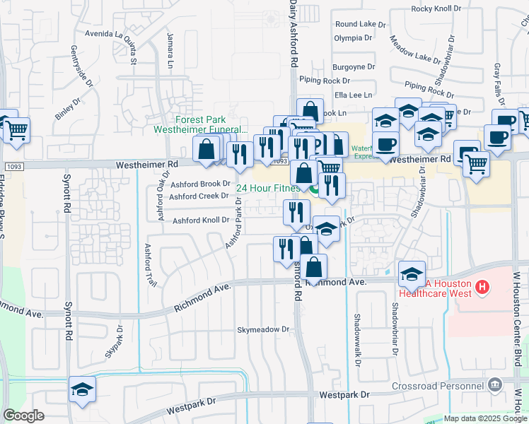 map of restaurants, bars, coffee shops, grocery stores, and more near 12523 Ashford Meadow Drive in Houston