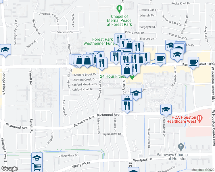 map of restaurants, bars, coffee shops, grocery stores, and more near 12631 Ashford Meadow Drive in Houston