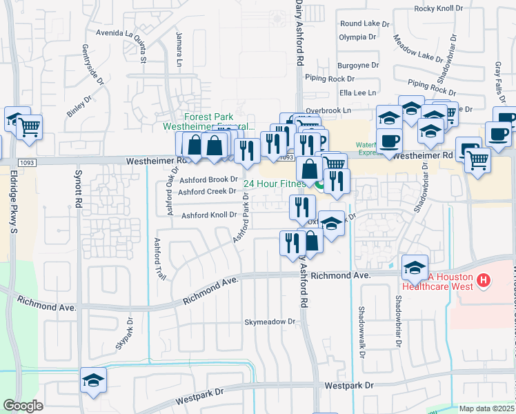map of restaurants, bars, coffee shops, grocery stores, and more near 12631 Ashford Meadow Drive in Houston