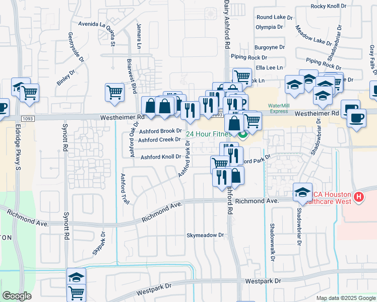 map of restaurants, bars, coffee shops, grocery stores, and more near 12631 Ashford Meadow Drive in Houston