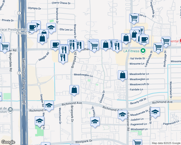 map of restaurants, bars, coffee shops, grocery stores, and more near 9850 Meadowglen Lane in Houston