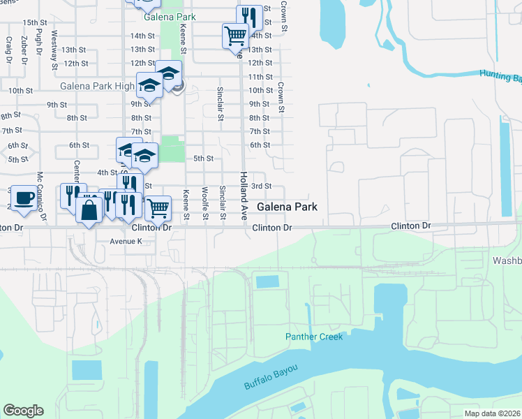 map of restaurants, bars, coffee shops, grocery stores, and more near 1206 1st Street in Galena Park