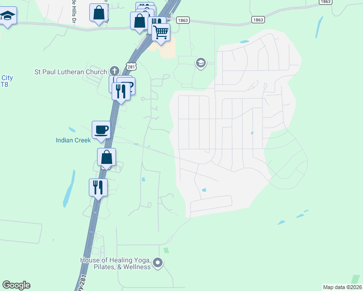 map of restaurants, bars, coffee shops, grocery stores, and more near 3420 Copper Willow in Bulverde