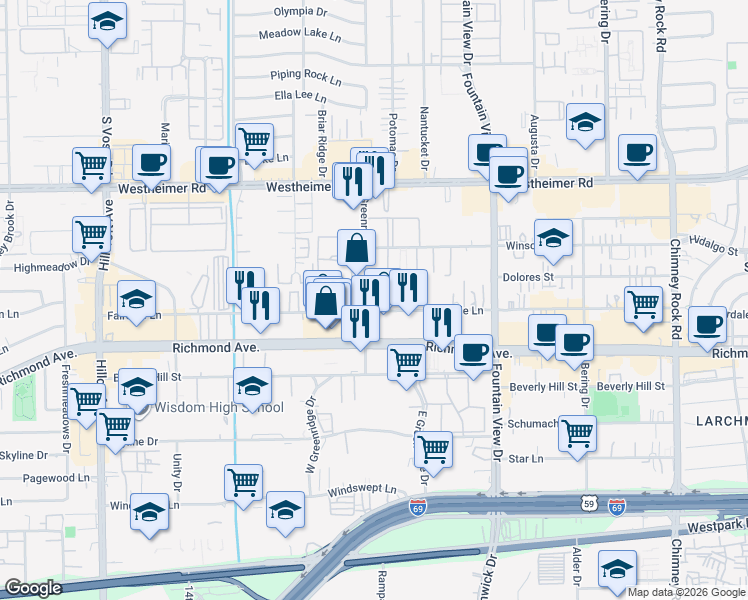 map of restaurants, bars, coffee shops, grocery stores, and more near 3015 Greenridge Drive in Houston