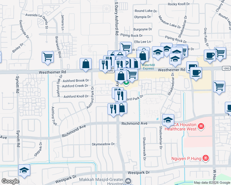 map of restaurants, bars, coffee shops, grocery stores, and more near 12510 Oxford Park Drive in Houston