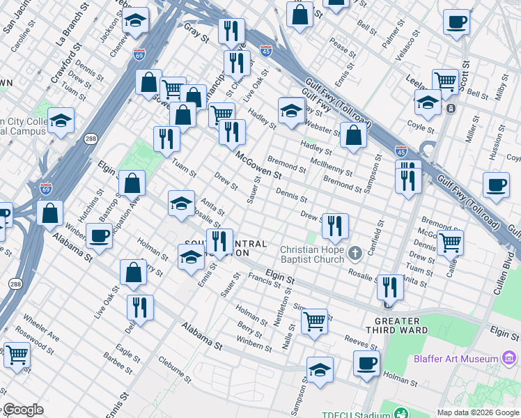 map of restaurants, bars, coffee shops, grocery stores, and more near 2814 Brailsfort Street in Houston