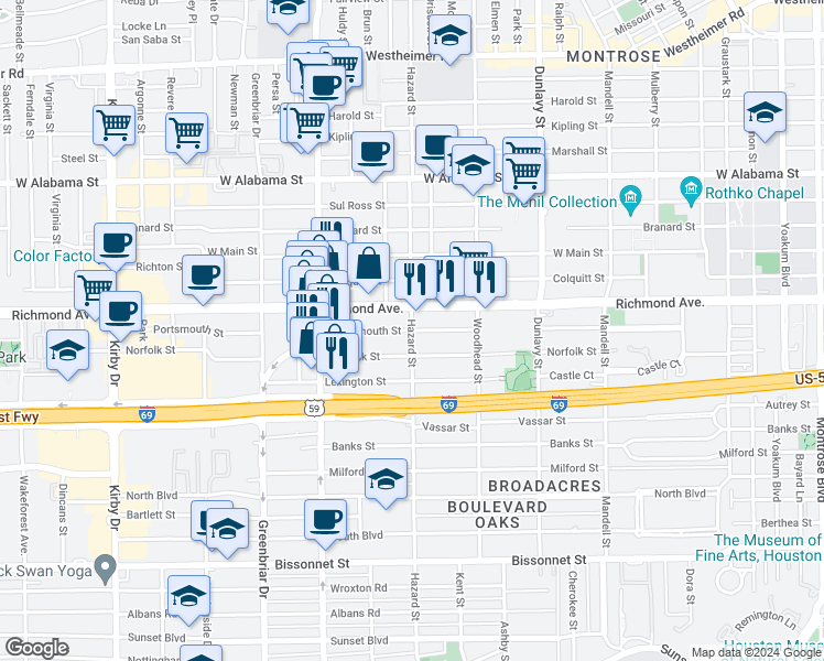map of restaurants, bars, coffee shops, grocery stores, and more near Hazard St & Portsmouth St in Houston