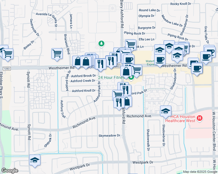 map of restaurants, bars, coffee shops, grocery stores, and more near 12631 Ashford Meadow Drive in Houston