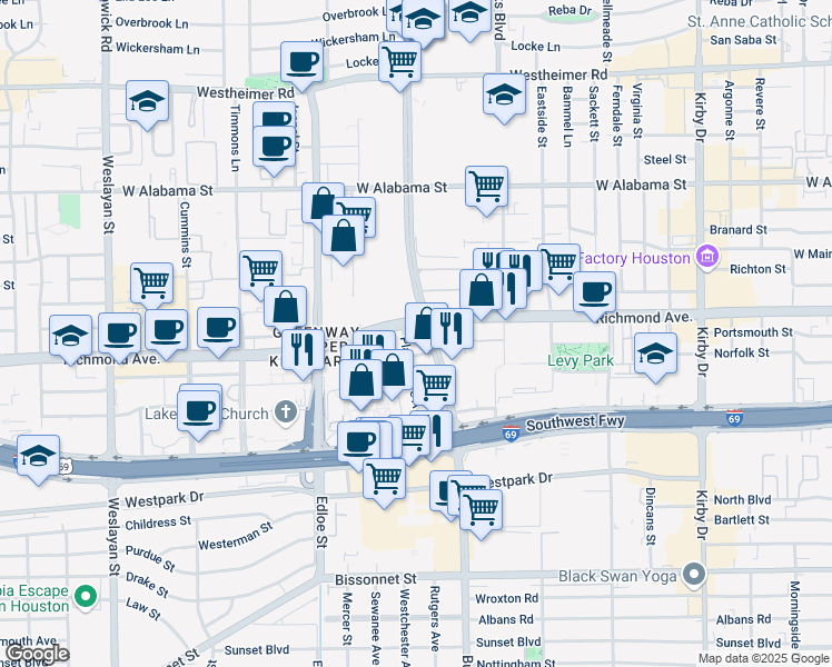 map of restaurants, bars, coffee shops, grocery stores, and more near 3411 Richmond Avenue in Houston