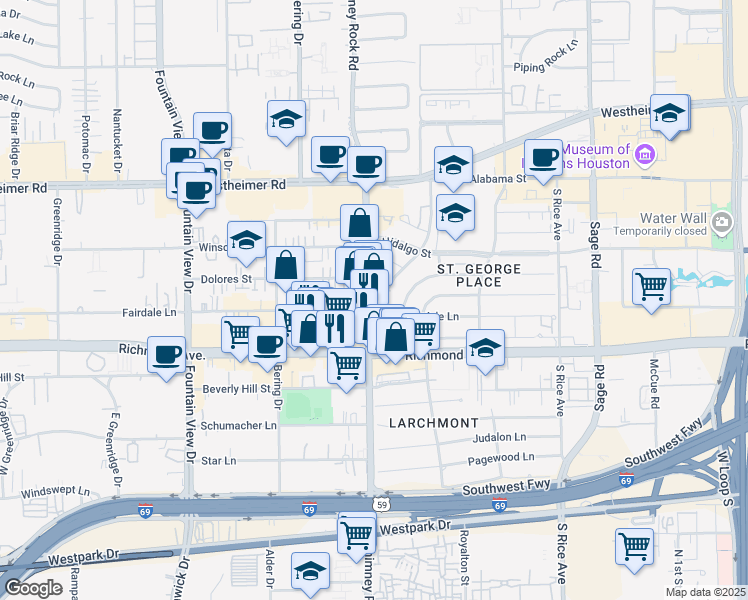 map of restaurants, bars, coffee shops, grocery stores, and more near 3111 Chimney Rock Road in Houston