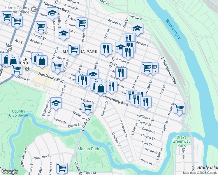 map of restaurants, bars, coffee shops, grocery stores, and more near 7585 Avenue B in Houston