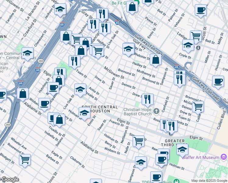 map of restaurants, bars, coffee shops, grocery stores, and more near 3012 Tuam Street in Houston