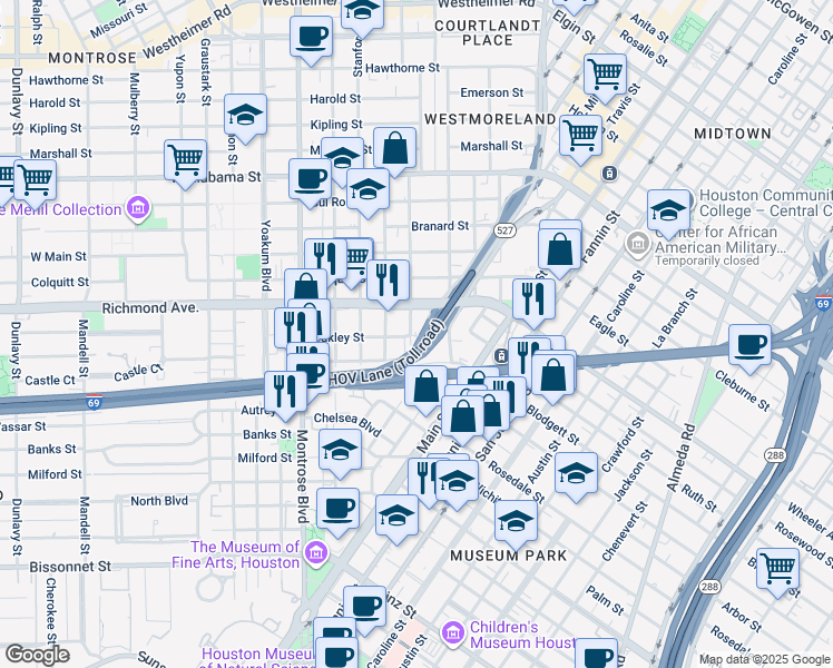 map of restaurants, bars, coffee shops, grocery stores, and more near 607 Oakley Street in Houston