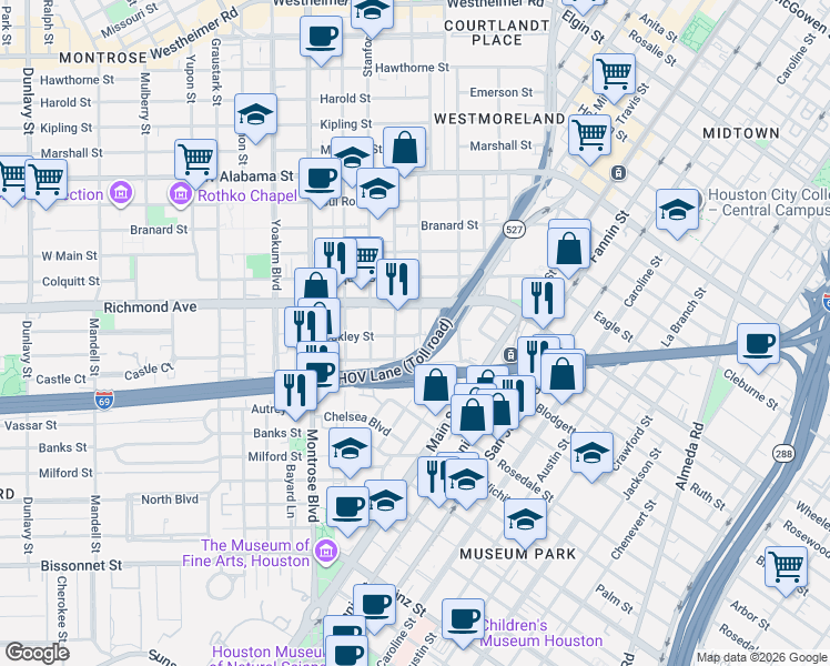 map of restaurants, bars, coffee shops, grocery stores, and more near US-59 High Occupancy Vehicle Lane in Houston