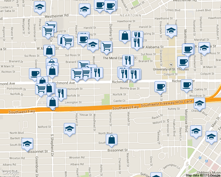 map of restaurants, bars, coffee shops, grocery stores, and more near 1648 Norfolk Street in Houston