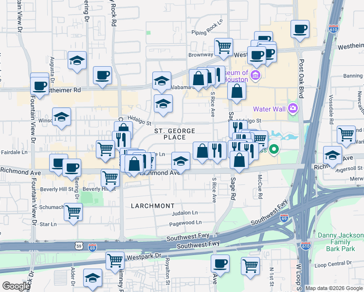 map of restaurants, bars, coffee shops, grocery stores, and more near 5346 Fairdale Lane in Houston