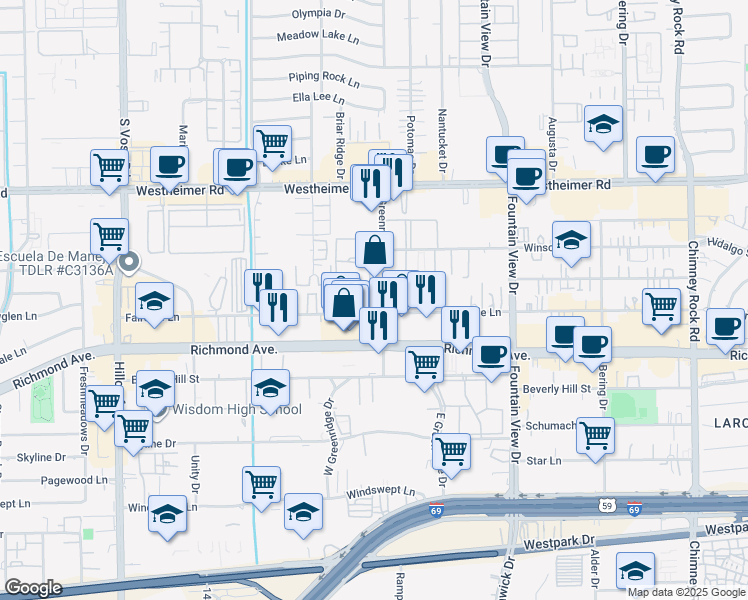 map of restaurants, bars, coffee shops, grocery stores, and more near 110 Fairdale Lane in Houston