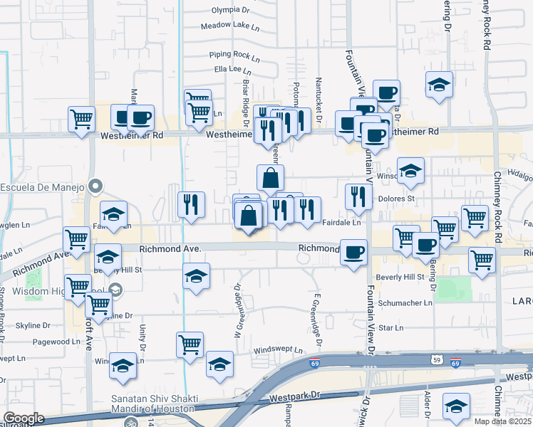 map of restaurants, bars, coffee shops, grocery stores, and more near 110 Fairdale Lane in Houston