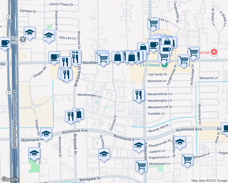 map of restaurants, bars, coffee shops, grocery stores, and more near 3031 Elmside Drive in Houston