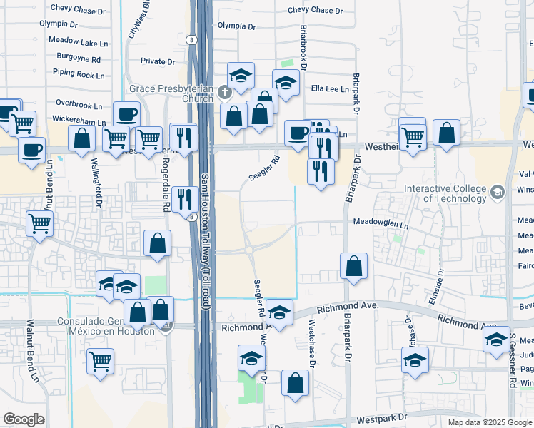 map of restaurants, bars, coffee shops, grocery stores, and more near 3003 Seagler Road in Houston