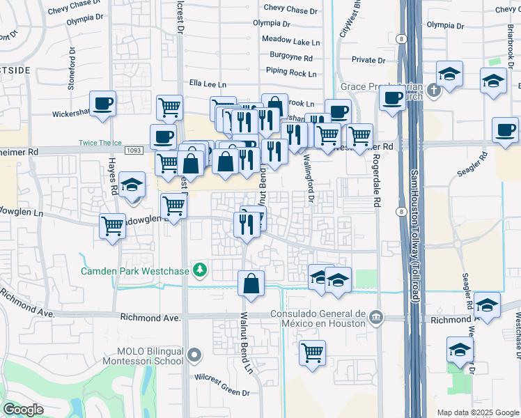 map of restaurants, bars, coffee shops, grocery stores, and more near 2801 Walnut Bend Lane in Houston