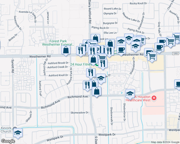 map of restaurants, bars, coffee shops, grocery stores, and more near 12510 Oxford Park Drive in Houston