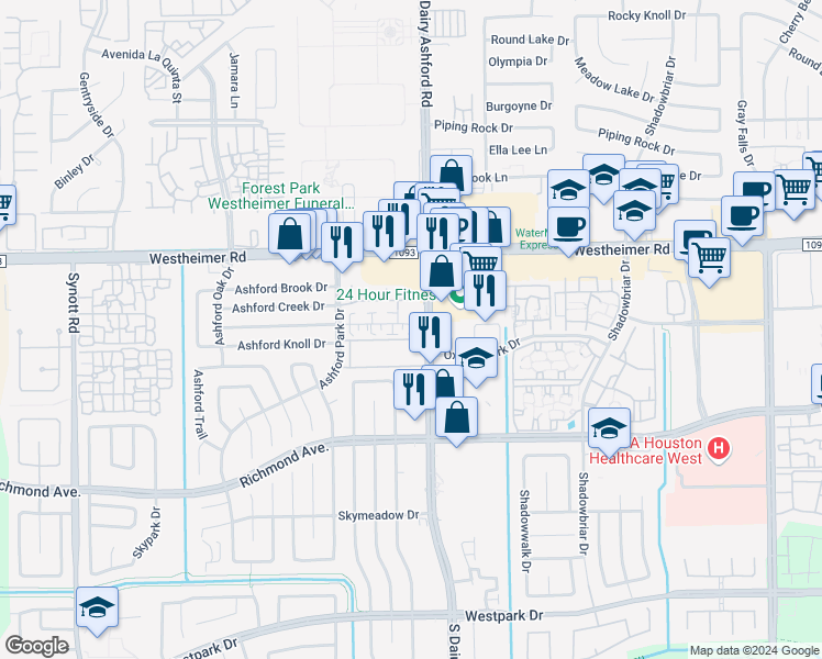 map of restaurants, bars, coffee shops, grocery stores, and more near 12523 Ashford Meadow Drive in Houston