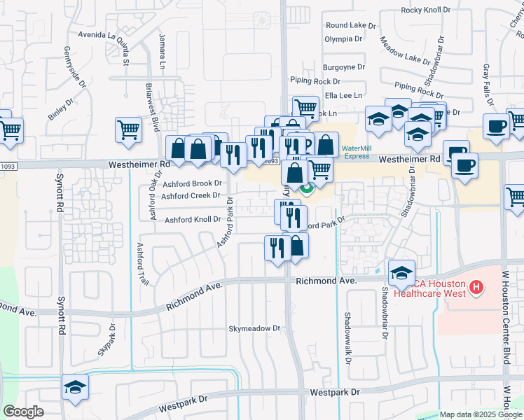 map of restaurants, bars, coffee shops, grocery stores, and more near 12523 Ashford Meadow Drive in Houston