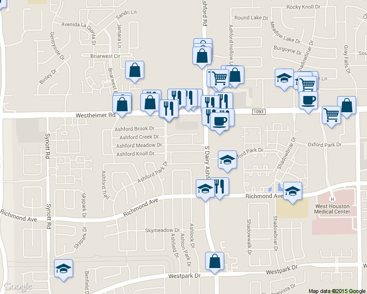 map of restaurants, bars, coffee shops, grocery stores, and more near 12631 Ashford Meadow Drive in Houston