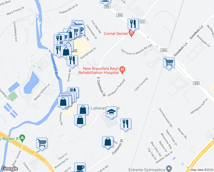 map of restaurants, bars, coffee shops, grocery stores, and more near 2294 Common Street in New Braunfels