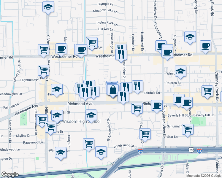 map of restaurants, bars, coffee shops, grocery stores, and more near 6220 Fairdale Lane in Houston