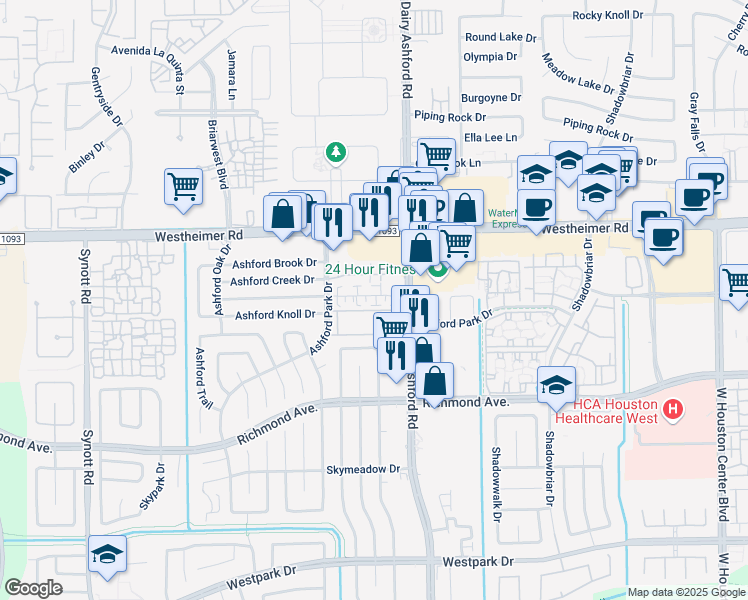 map of restaurants, bars, coffee shops, grocery stores, and more near 12523 Ashford Meadow Drive in Houston