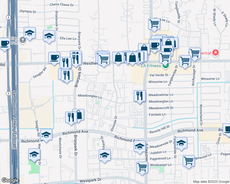 map of restaurants, bars, coffee shops, grocery stores, and more near 3031 Elmside Drive in Houston
