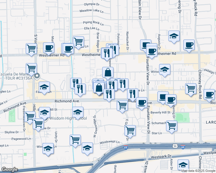 map of restaurants, bars, coffee shops, grocery stores, and more near 110 Fairdale Lane in Houston