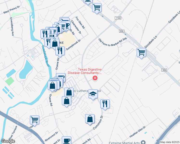 map of restaurants, bars, coffee shops, grocery stores, and more near 2294 Common Street in New Braunfels