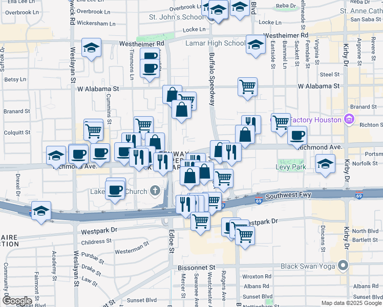 map of restaurants, bars, coffee shops, grocery stores, and more near 3606 Richmond Avenue in Houston