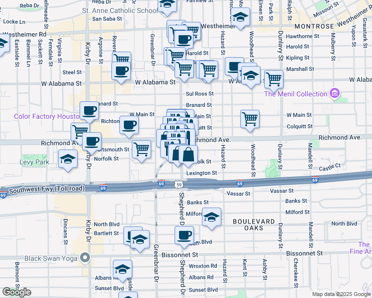map of restaurants, bars, coffee shops, grocery stores, and more near 3701 South Shepherd Drive in Houston